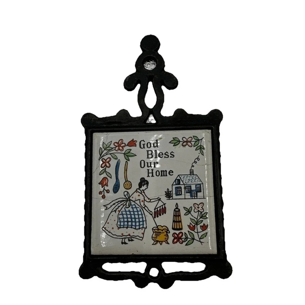 Vintage Cast Iron Trivets with Tile Inserts God Bless Our‎ Home Kitchen